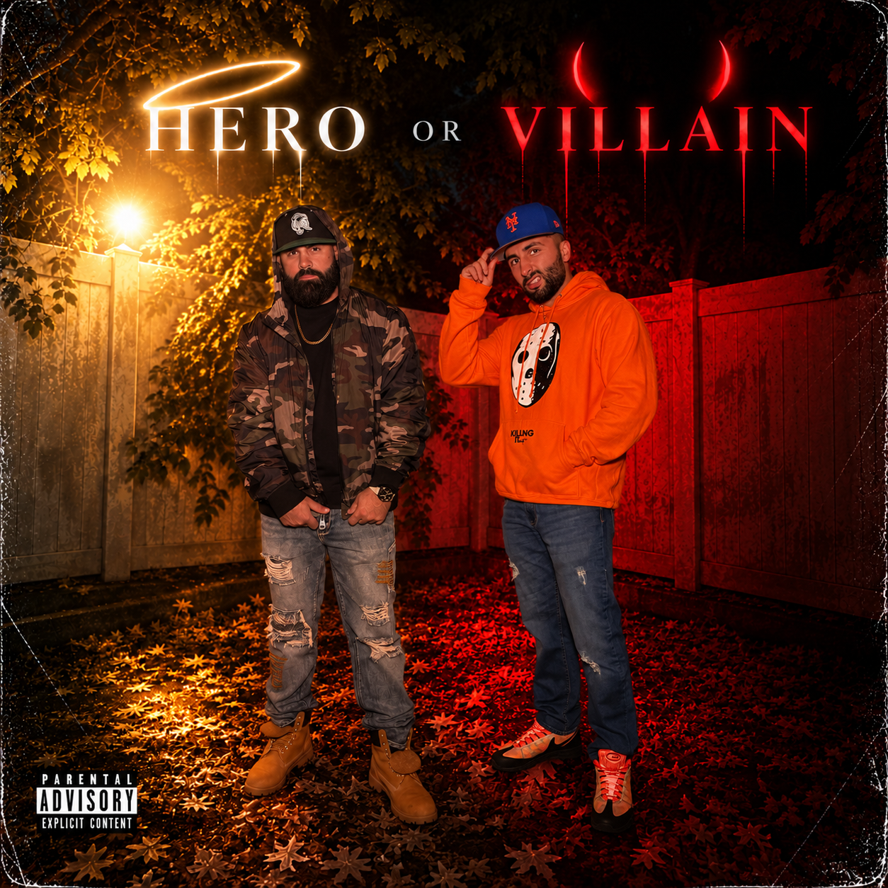 Original Hero or Villain? cover featuring Kotz and Lou152 in gold and red lighting.